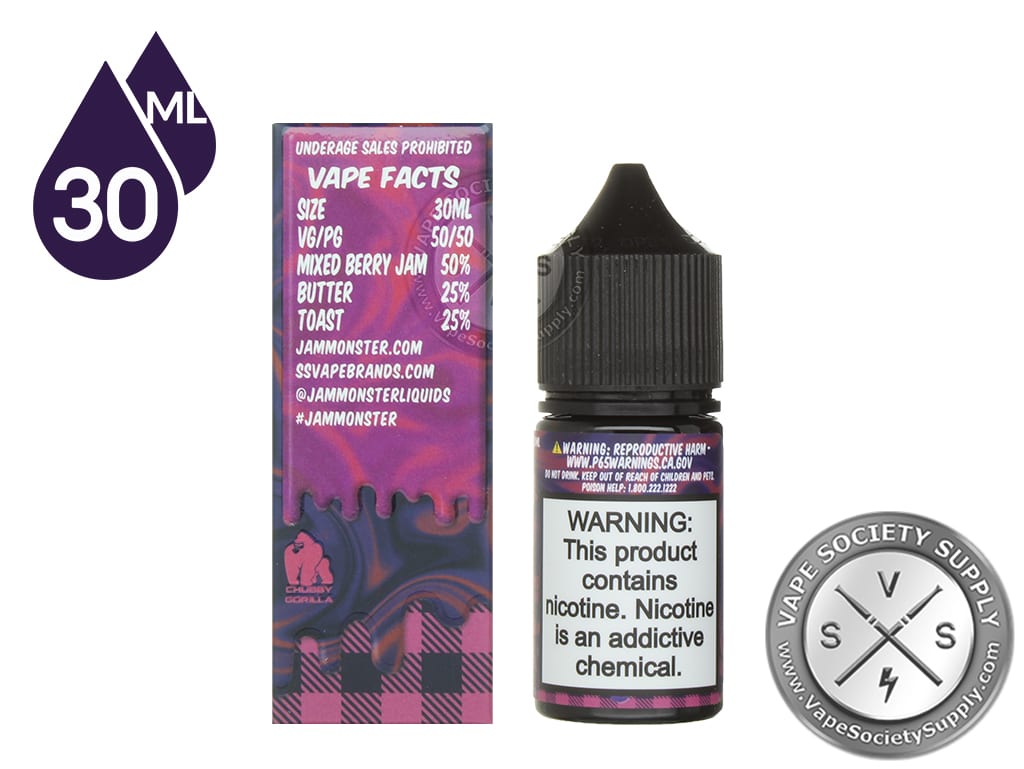 Mixed Berry Jam Monster Salt 30ml box Vape Facts panel with size, VG/PG and flavor mix, next to the bottle