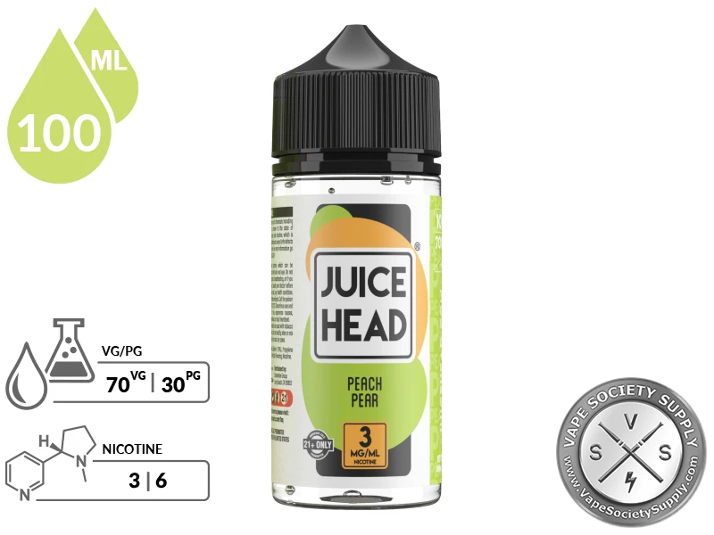 Peach Pear Juice Head 100ml bottle with a 70/30 VG/PG icon and nicotine strength icons