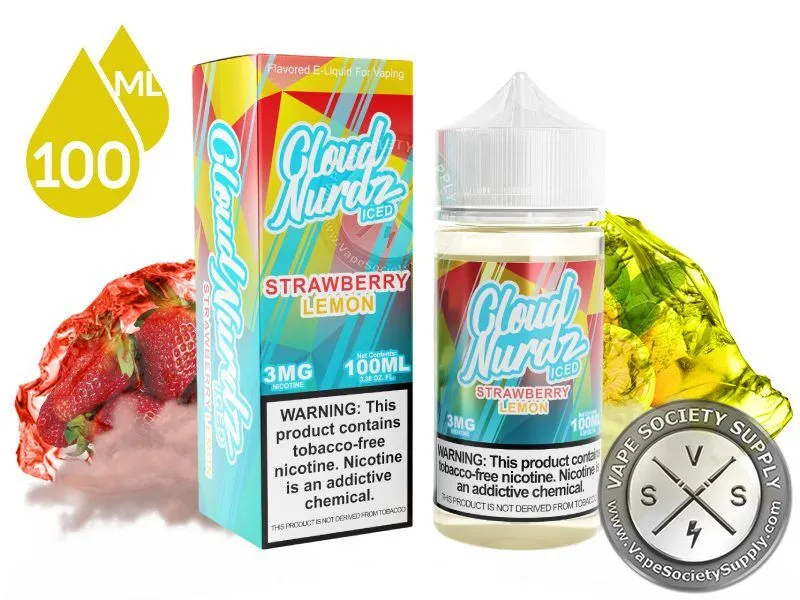 Strawberry Lemon Iced by Cloud Nurdz 100ml bottle and box with strawberries and a lemon covered in ice