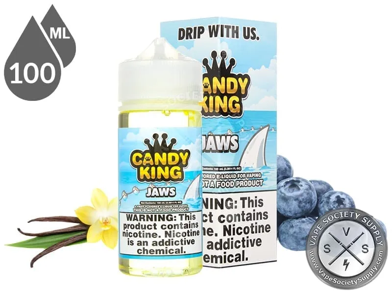 Jaws Candy King 100ml bottle and box with a vanilla flower, vanilla beans and blueberries
