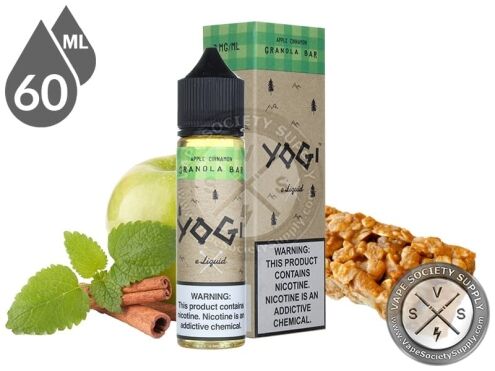 Apple Cinnamon Granola Bar by YOGI 60ml bottle and box with a green apple, cinnamon sticks, mint leaves and a granola bar