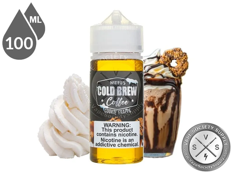Cookie Frappe by Nitro's Cold Brew Coffee 100ml bottle with whipped cream, a cookie and a glass of frappe