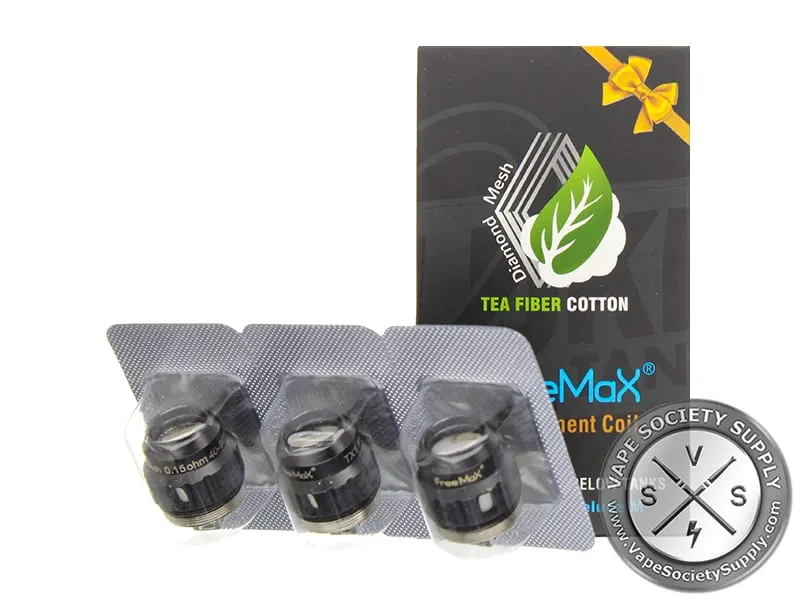 Blister pack of three black FreeMax TX1 coils in front of the black Tea Fiber Cotton box
