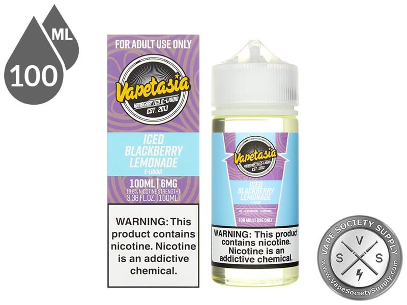 Iced Blackberry Lemonade Vapetasia 100ml bottle in front of its box