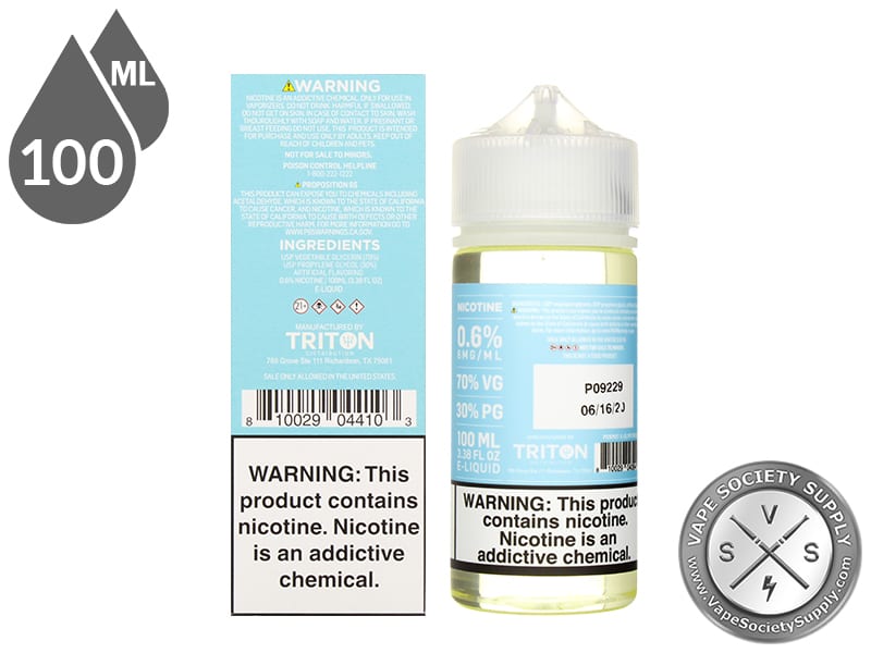 Iced Blackberry Lemonade Vapetasia 100ml bottle next to the box back with ingredients
