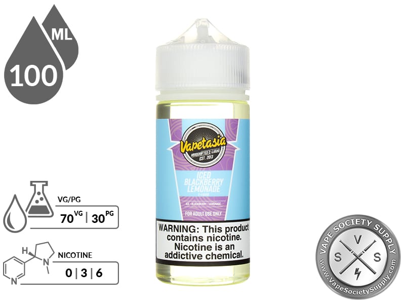 Iced Blackberry Lemonade Vapetasia 100ml bottle with a 70/30 VG/PG icon and nicotine strength icons