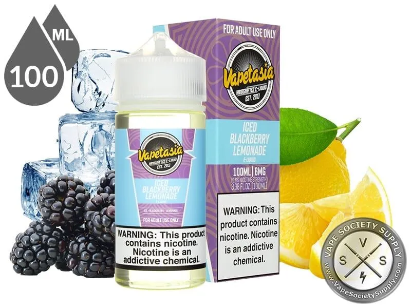 Iced Blackberry Lemonade Vapetasia 100ml bottle and box with blackberries, lemons and ice