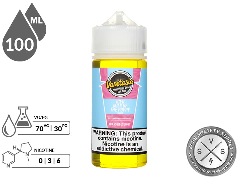 Iced Milk of the Poppy Vapetasia 100ml bottle with a 70/30 VG/PG icon and nicotine strength icons