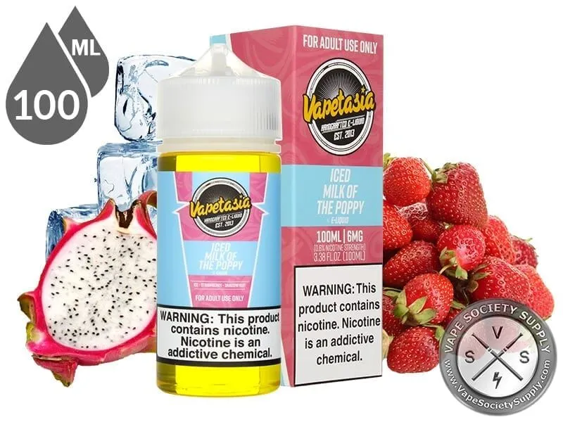 Iced Milk of the Poppy Vapetasia 100ml bottle and box with dragon fruit and strawberries