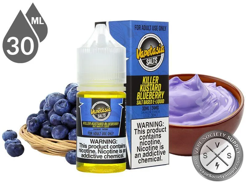 Killer Kustard Blueberry Vapetasia Salt 30ml bottle and box with blueberries and a bowl of blueberry custard