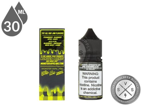 Lemon Jam Monster Salt 30ml bottle next to the box side listing other Jam Monster flavors