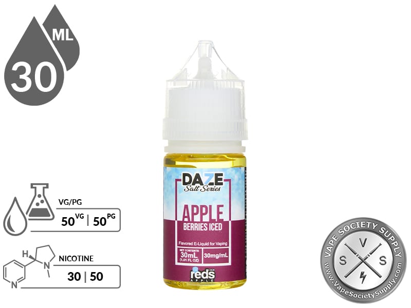 Berries Iced Reds Apple 7 Daze Salt 30ml bottle with a 50/50 VG/PG icon and nicotine strength icons