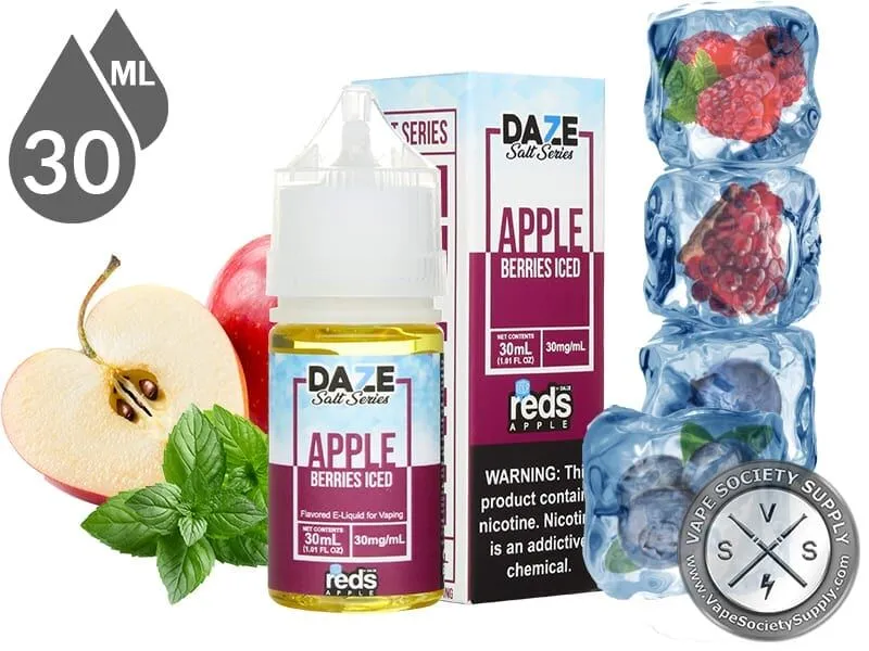 Berries Iced Reds Apple 7 Daze Salt 30ml bottle and box with a sliced apple, mint leaves and berries frozen in ice cubes
