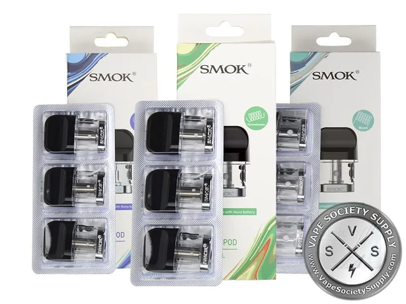 Three SMOK Novo 2 pod boxes in purple, green and teal, each with a blister pack of three pods