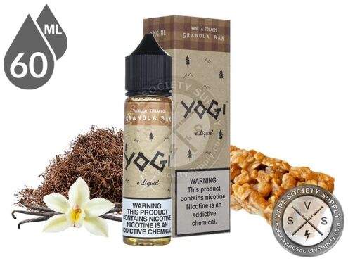 Vanilla Tobacco Granola Bar by YOGI 60ml bottle and box with shredded tobacco, a vanilla flower and a granola bar