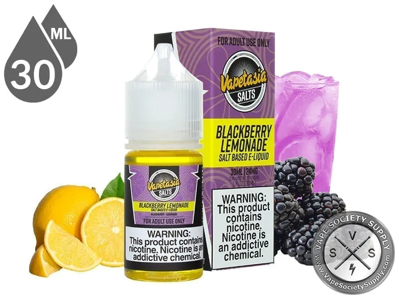 Blackberry Lemonade Vapetasia Salt 30ml bottle and box with lemons, blackberries and a glass of blackberry lemonade