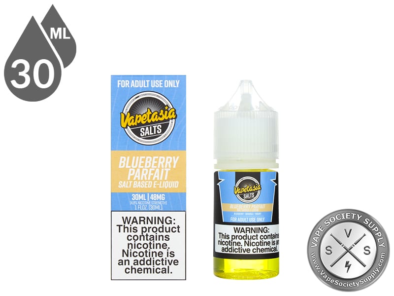 Blueberry Parfait Vapetasia Salt 30ml bottle in front of its box