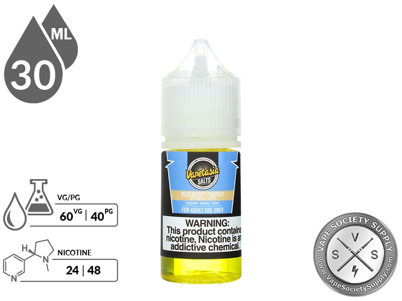 Blueberry Parfait Vapetasia Salt 30ml bottle with a 60/40 VG/PG icon and nicotine strength icons