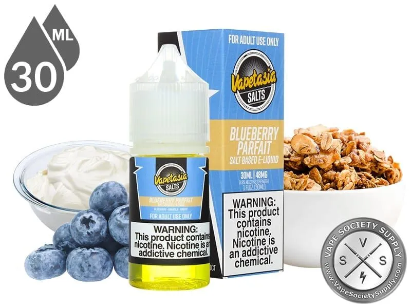 Blueberry Parfait Vapetasia Salt 30ml bottle and box with blueberries, yogurt and granola