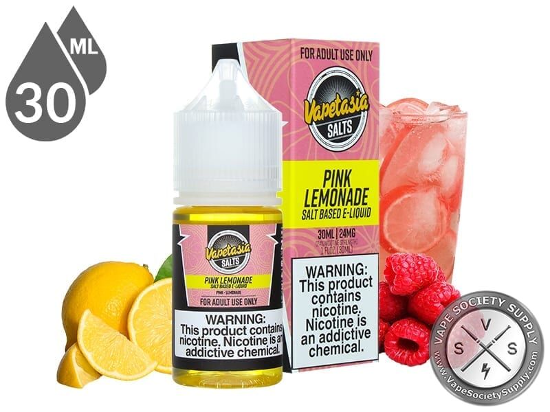 Pink Lemonade Vapetasia Salt 30ml bottle and box with lemons, raspberries and a glass of pink lemonade