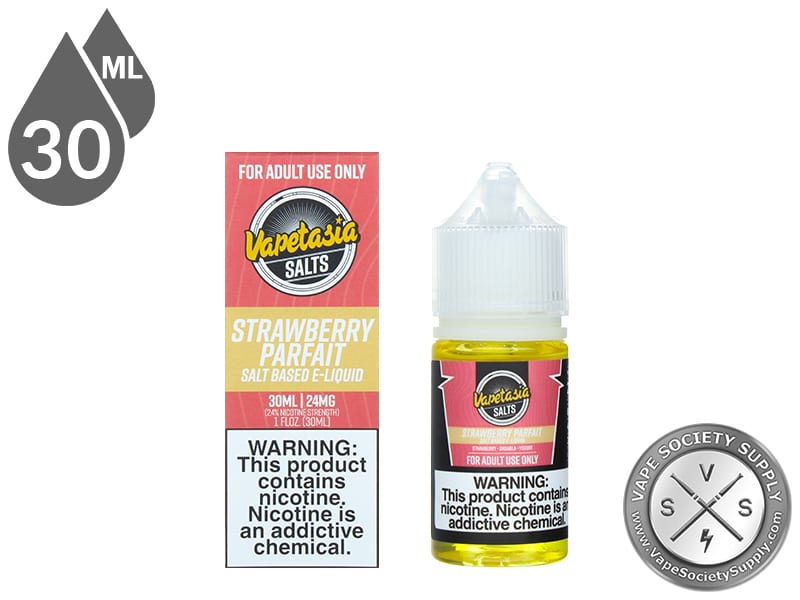 Strawberry Parfait Vapetasia Salt 30ml bottle in front of its box