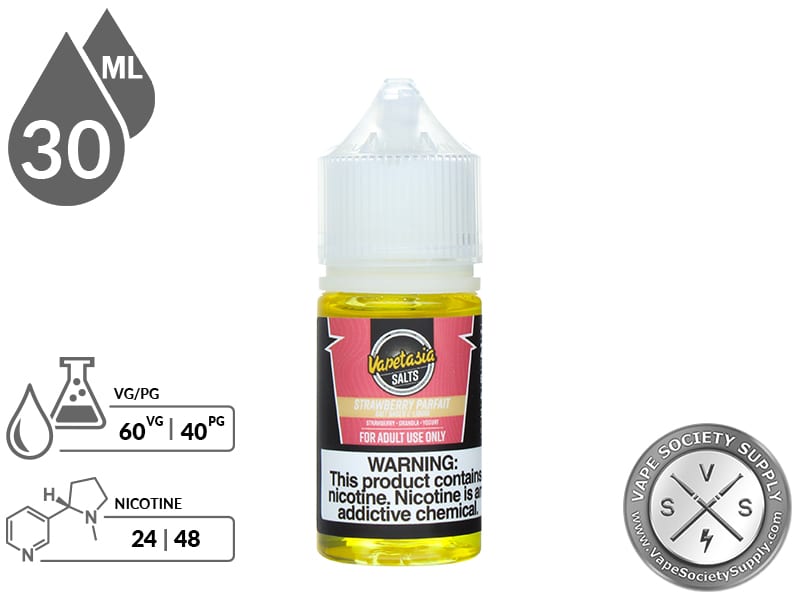 Strawberry Parfait Vapetasia Salt 30ml bottle with a 60/40 VG/PG icon and nicotine strength icons