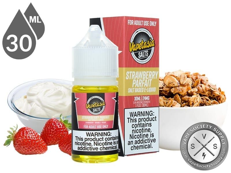 Strawberry Parfait Vapetasia Salt 30ml bottle and box with strawberries, yogurt and granola