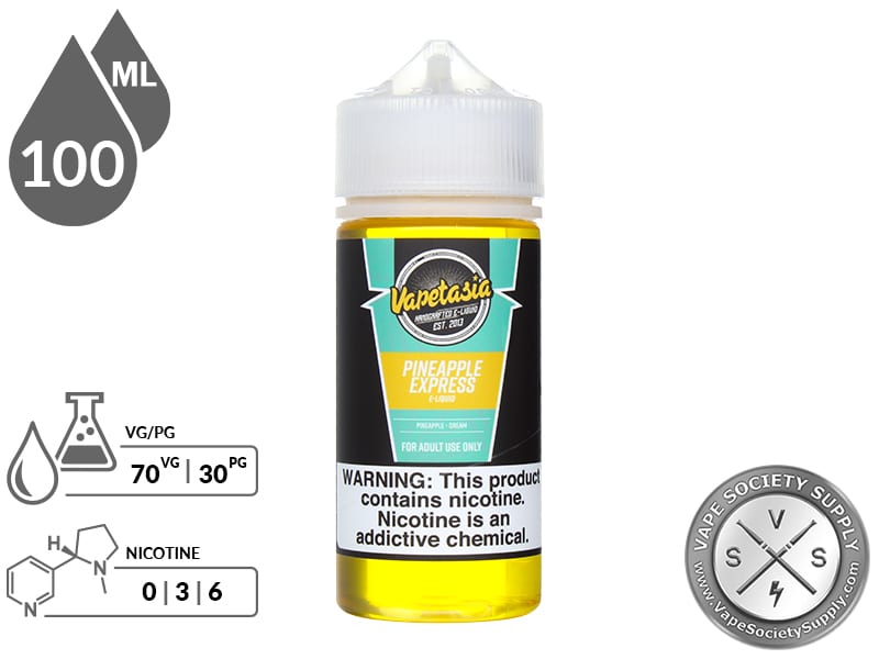 Pineapple Express Vapetasia 100ml bottle with a 70/30 VG/PG icon and nicotine strength icons