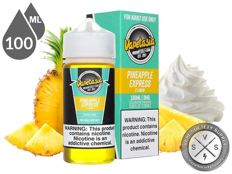 Pineapple Express Vapetasia 100ml bottle and box with pineapple and whipped cream