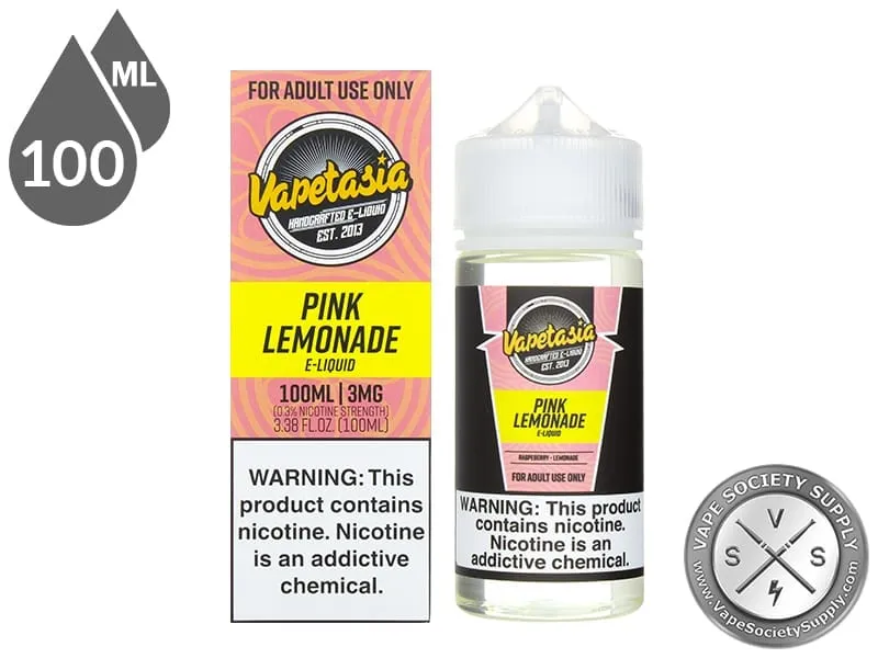 Pink Lemonade Vapetasia 100ml bottle in front of its box