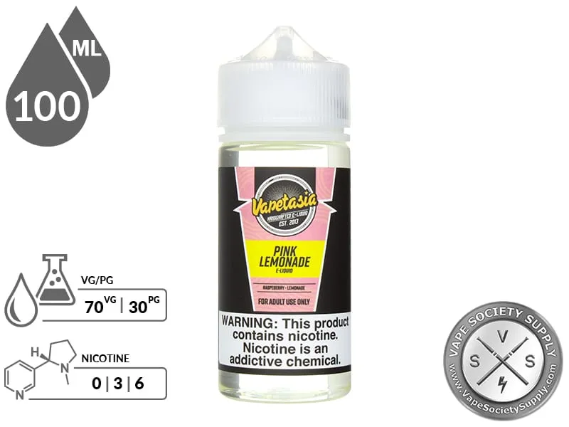 Pink Lemonade Vapetasia 100ml bottle with a 70/30 VG/PG icon and nicotine strength icons