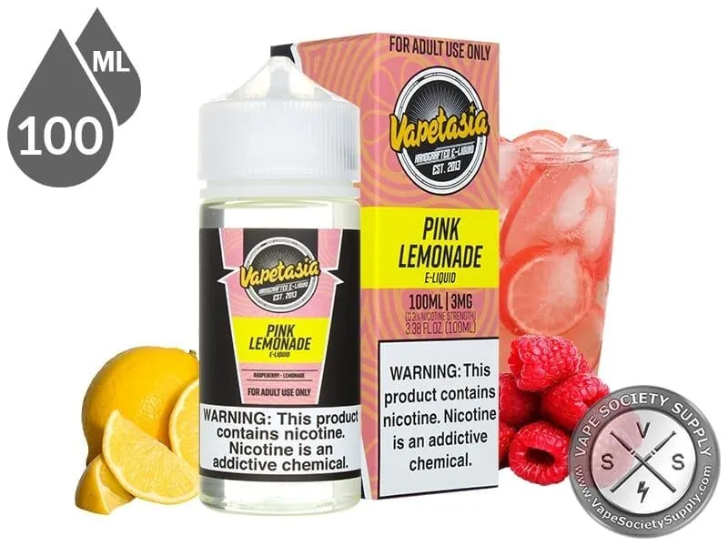 Pink Lemonade Vapetasia 100ml bottle and box with lemons, raspberries and a glass of pink lemonade