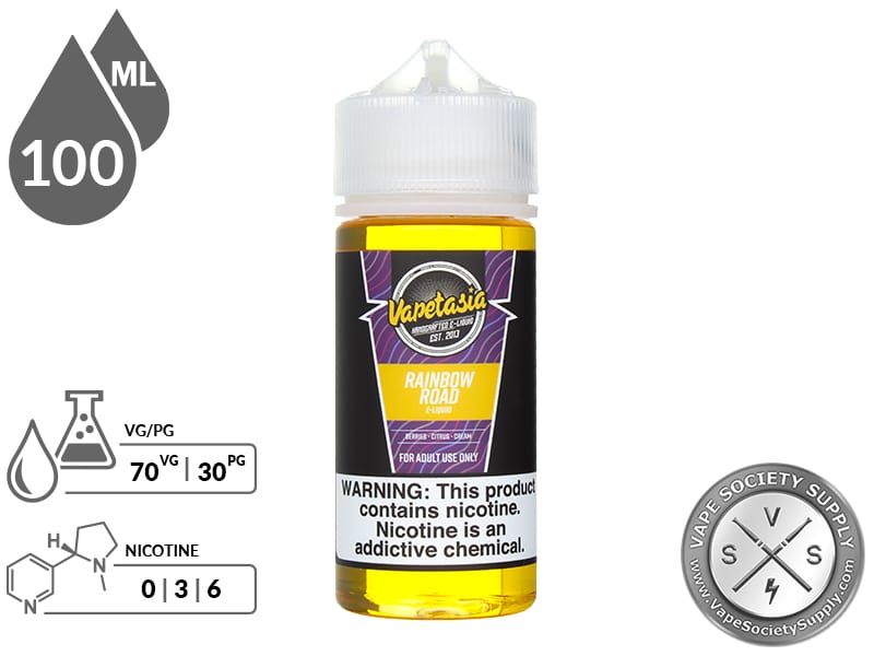 Rainbow Road Vapetasia 100ml bottle with a 70/30 VG/PG icon and nicotine strength icons