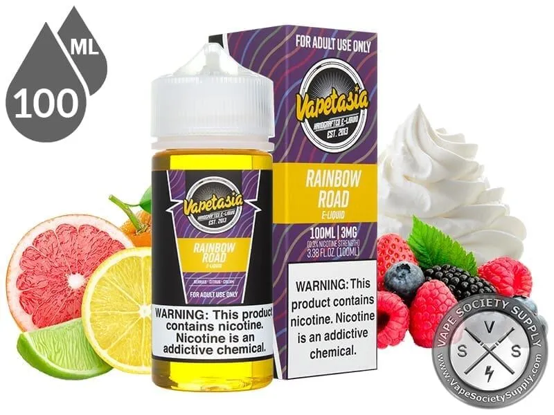 Rainbow Road Vapetasia 100ml bottle and box with grapefruit, lemons, limes, berries and whipped cream