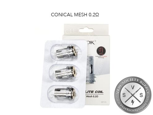 Three SMOK TFV16 Lite conical mesh 0.2Ω coils in a blister beside their box