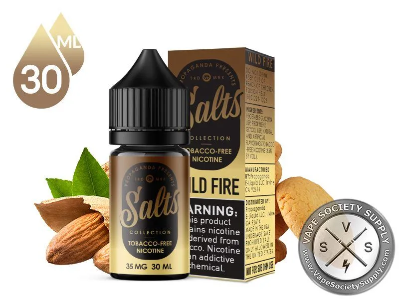 Wild Fire by Propaganda Salts 30ml bottle and box with almonds and a cookie