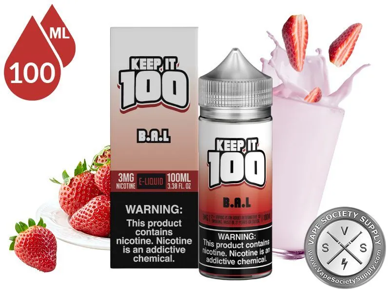 Berry Au Lait by Keep It 100 Vape Juice 100ml bottle and box with fresh strawberries and a strawberry milkshake