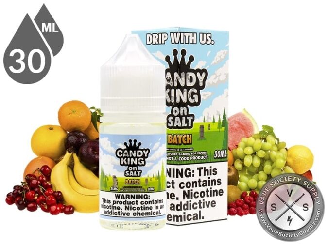 Batch Candy King On Salt 30ml bottle and box with bananas, oranges, cherries, grapes and other fruit