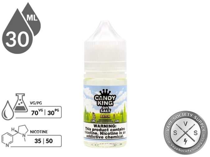 Batch Candy King On Salt 30ml bottle with VG/PG and nicotine strength icons