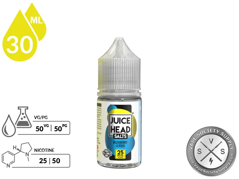 Blueberry Lemon Juice Head Salts 30ml bottle with VG/PG and nicotine strength icons