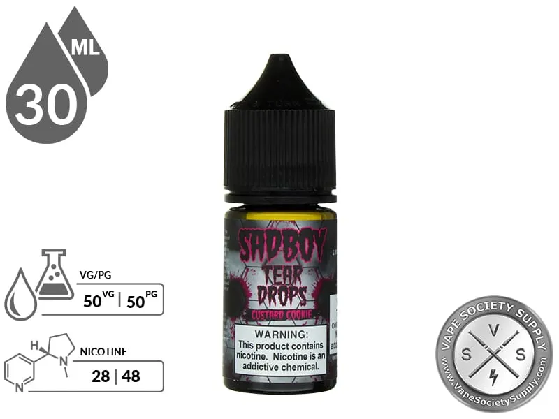 Custard Cookie by SadBoy Salts 30ml in an older SadBoy Tear Drops bottle with a 50/50 VG/PG icon and nicotine strength icons