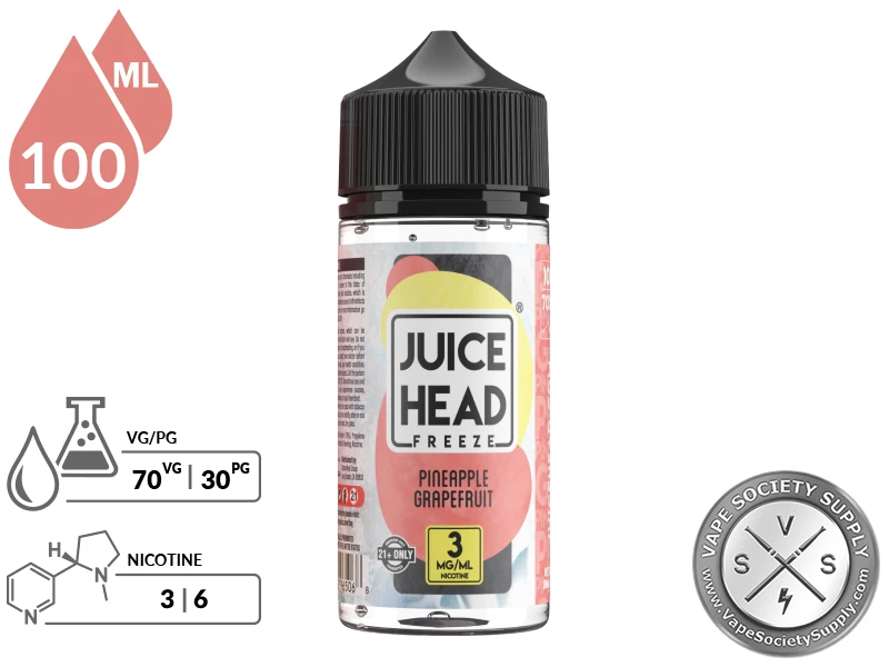 Pineapple Grapefruit Juice Head Freeze 100ml bottle with a 70/30 VG/PG icon and nicotine strength icons
