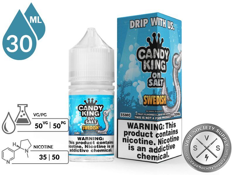 Swedish Candy King On Salt 30ml bottle and box with a 50/50 VG/PG icon and nicotine strength icons
