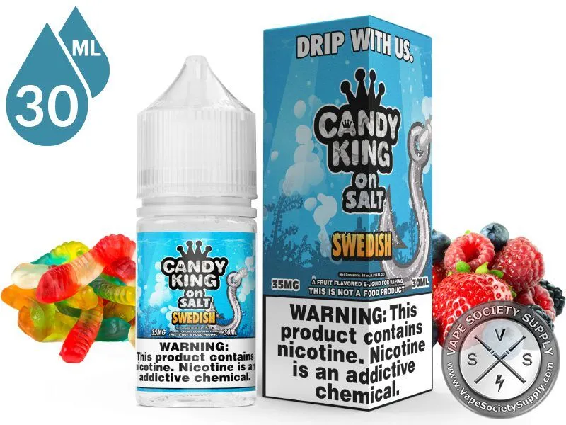 Swedish Candy King On Salt 30ml bottle and box with gummy worms and mixed berries