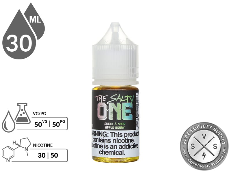 Sweet & Sour Apple Berry THE SALTY ONE 30ml bottle with a 50/50 VG/PG icon and nicotine strength icons