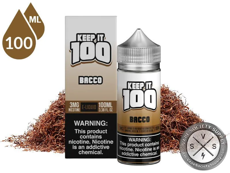 Bacco by Keep It 100 Vape Juice 100ml bottle and box with loose tobacco leaves