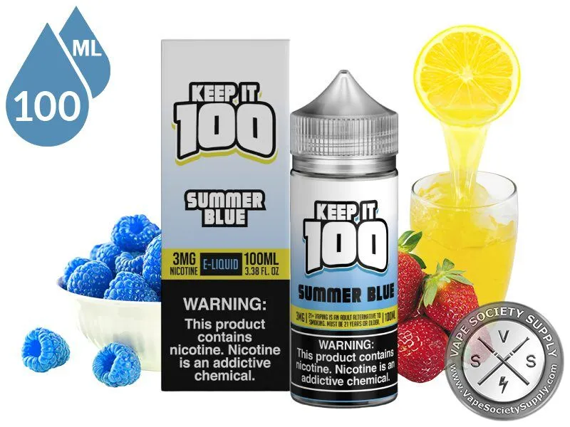 Summer Blue by Keep It 100 Vape Juice 100ml bottle and box with blue raspberries, a glass of lemonade with a lemon slice and strawberries