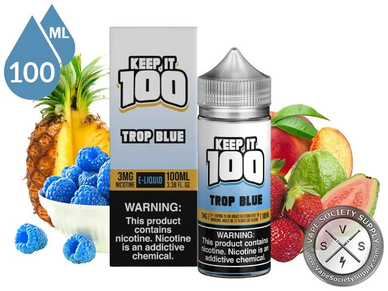 Trop Blue by Keep It 100 Vape Juice 100ml bottle and box with a pineapple, blue raspberries, strawberries, a peach and guava