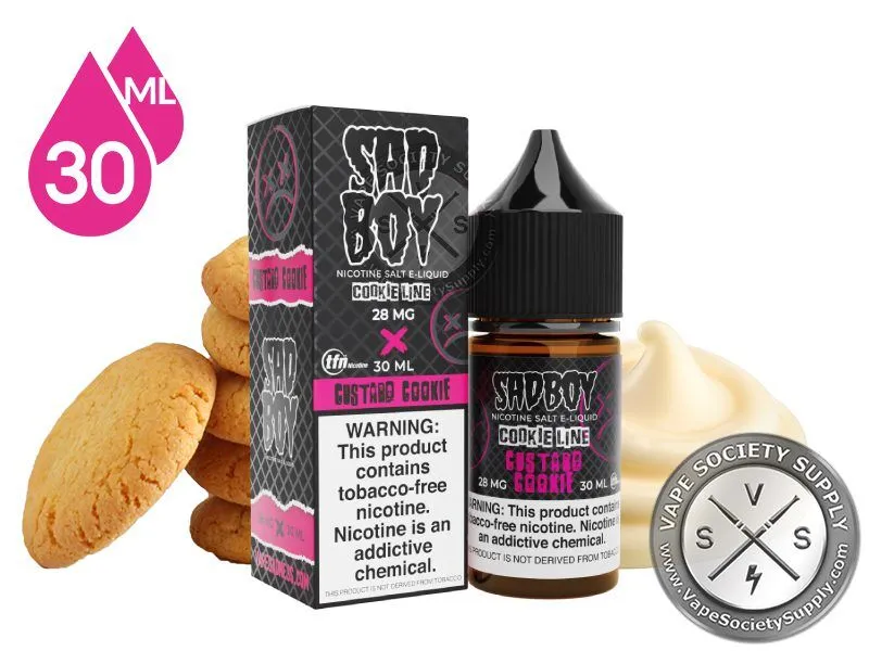 Custard Cookie by SadBoy Salts 30ml bottle and box with cookies and a bowl of custard