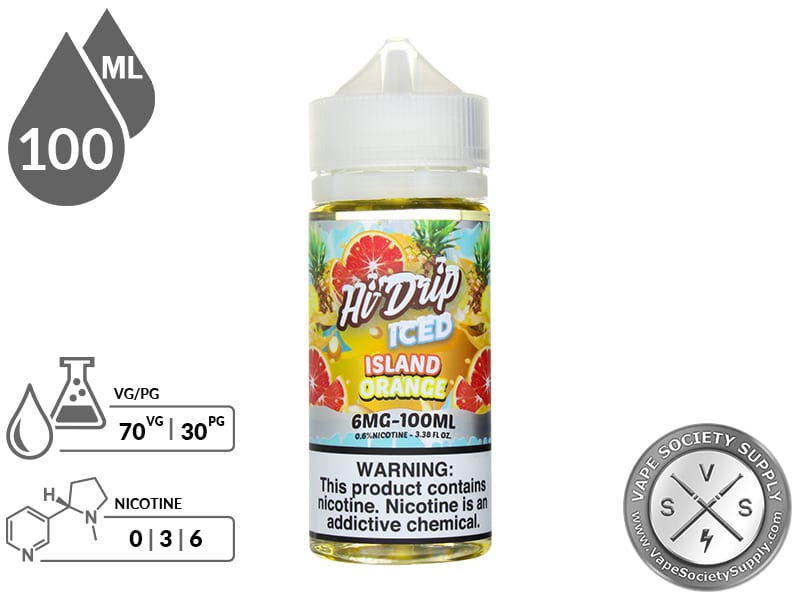Island Orange Iced by Hi Drip 100ml bottle with a 70/30 VG/PG icon and nicotine strength icons